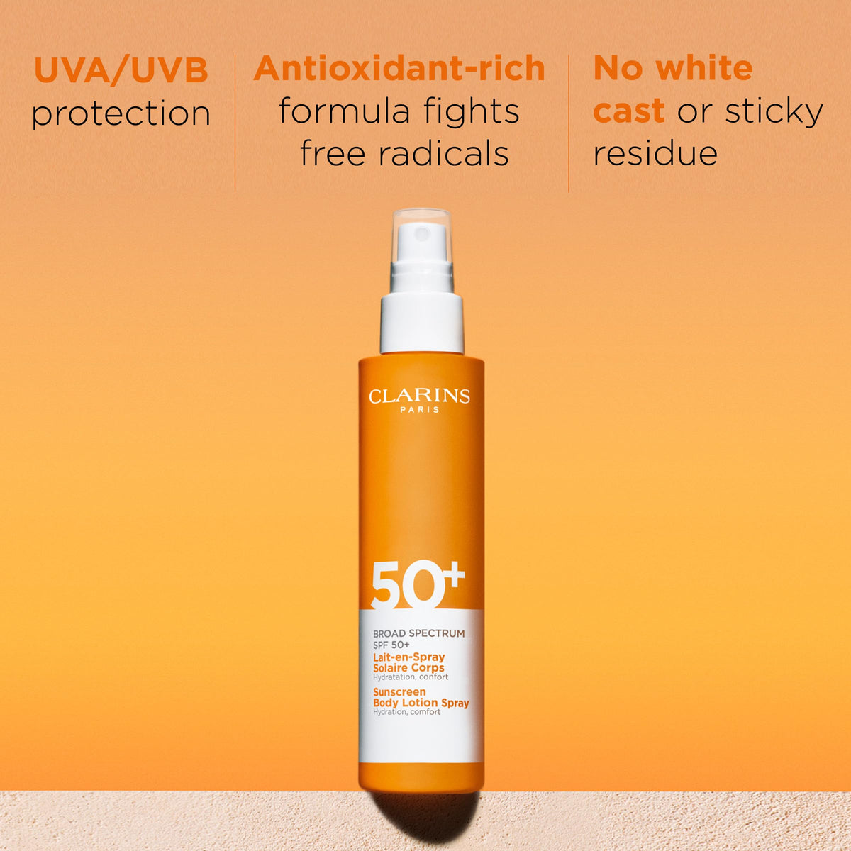 Clarins Body Sunscreen Lotion Spray dispensing pump demonstrates easy, quick application