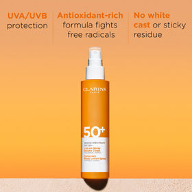 Clarins Body Sunscreen Lotion Spray dispensing pump demonstrates easy, quick application