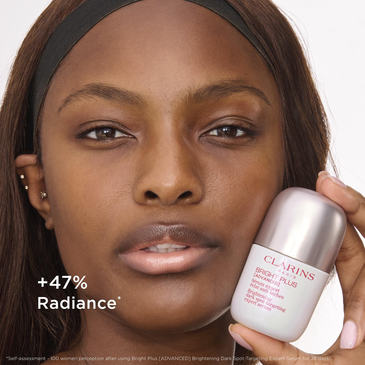 Clarins Bright Plus Serum bottle with glass surface for premium look.