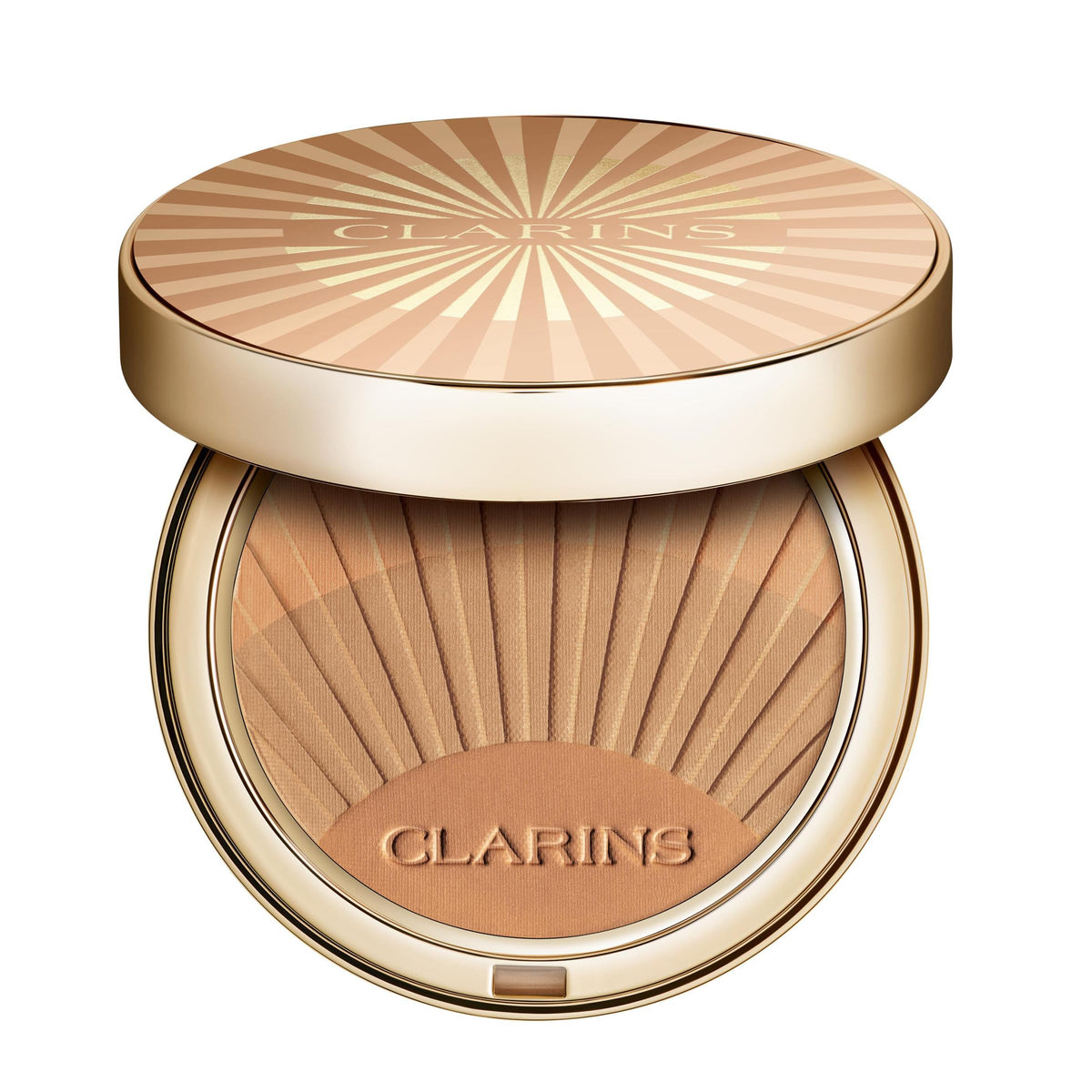 Clarins bronzing powder compact open showing the buildable shade options