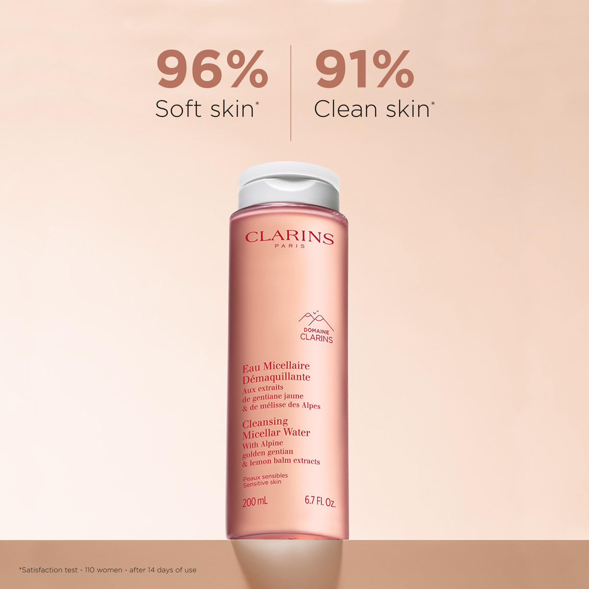 Close-up of Clarins Micellar Water bottle highlighting skin-soothing botanicals.