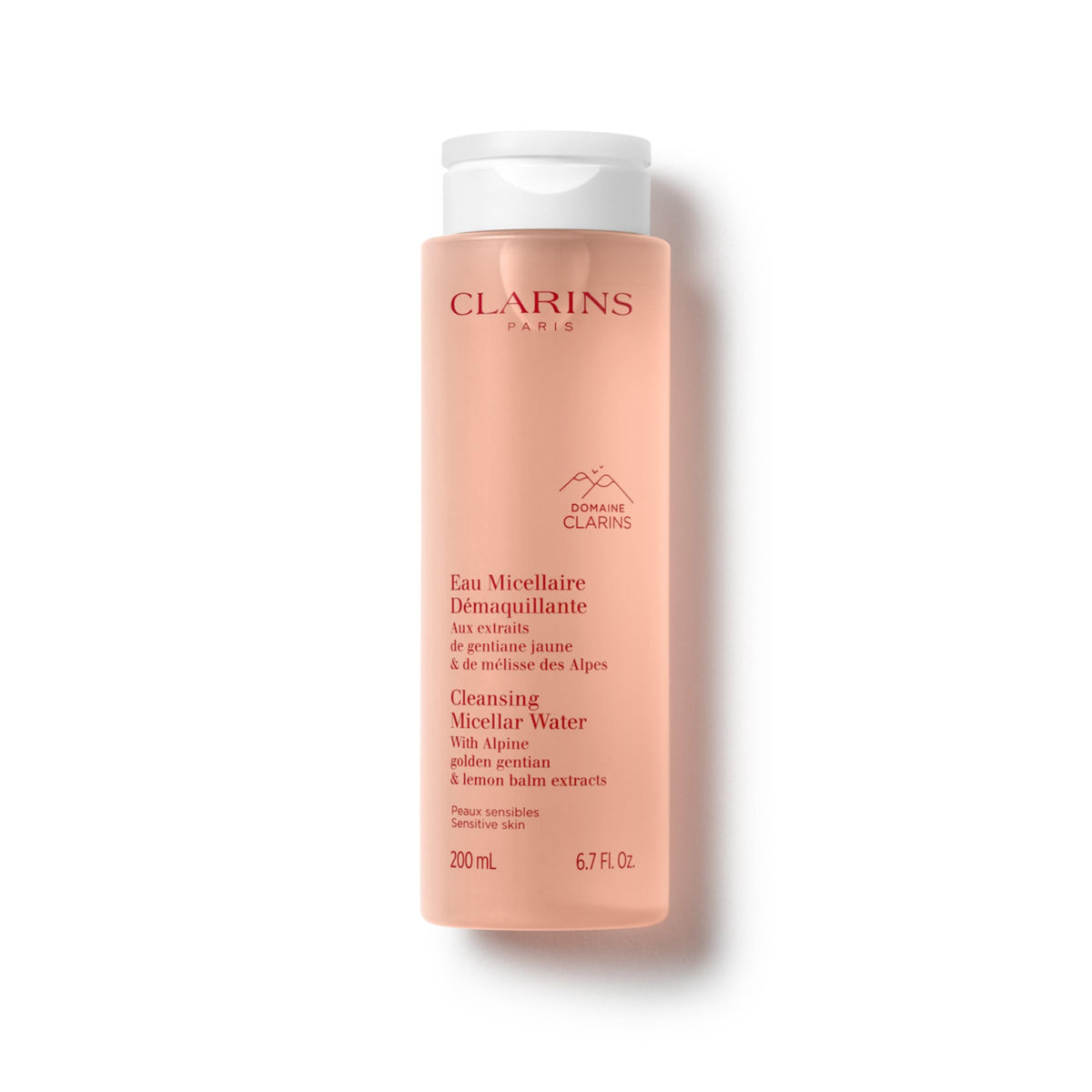 Clarins Cleansing Micellar Water bottle front view for quick makeup removal.