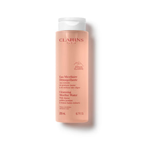 Clarins Cleansing Micellar Water bottle front view for quick makeup removal.