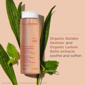 Clarins packaging shot emphasizing natural ingredients for gentle daily cleansing.