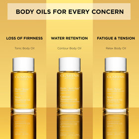 Clarins Contour Body Treatment Oil application on leg demonstrates contouring feel