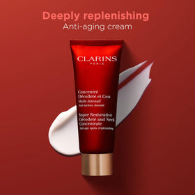 Application on the neck area with Clarins concentrate, supporting smooth skin.