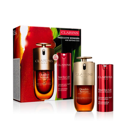 Clarins Double Serum bottle close-up reveals radiant hydration.