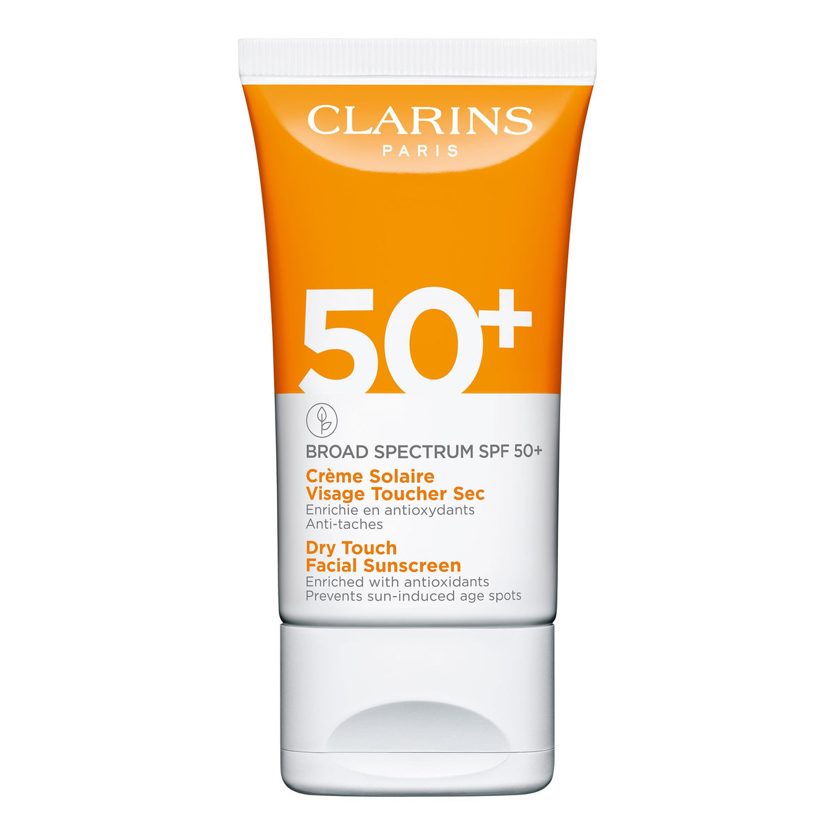 Clarins Dry Touch Face Sunscreen bottle shows portable, non-greasy protection.