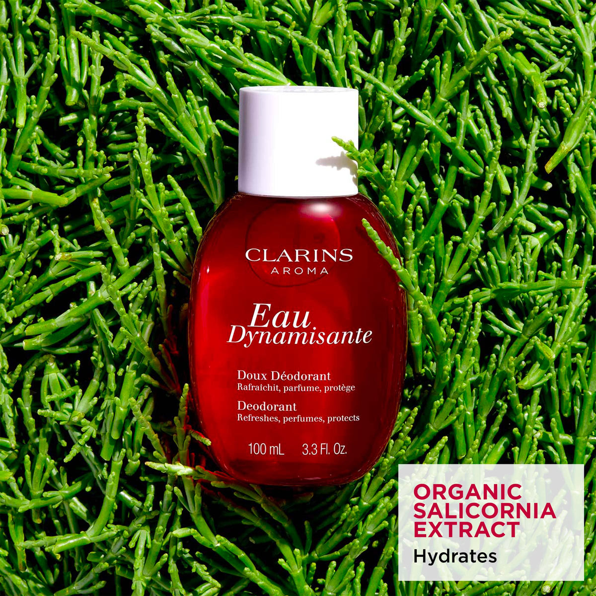 Clarins Eau Dynamisante spray nozzle delivering refreshing odor-control mist