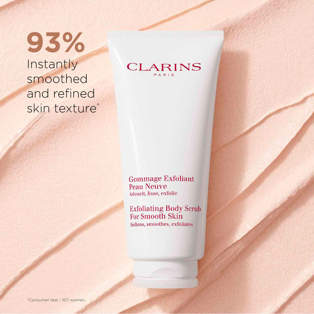 Texture closeup of Clarins exfoliating granules showing natural-origin exfoliation.