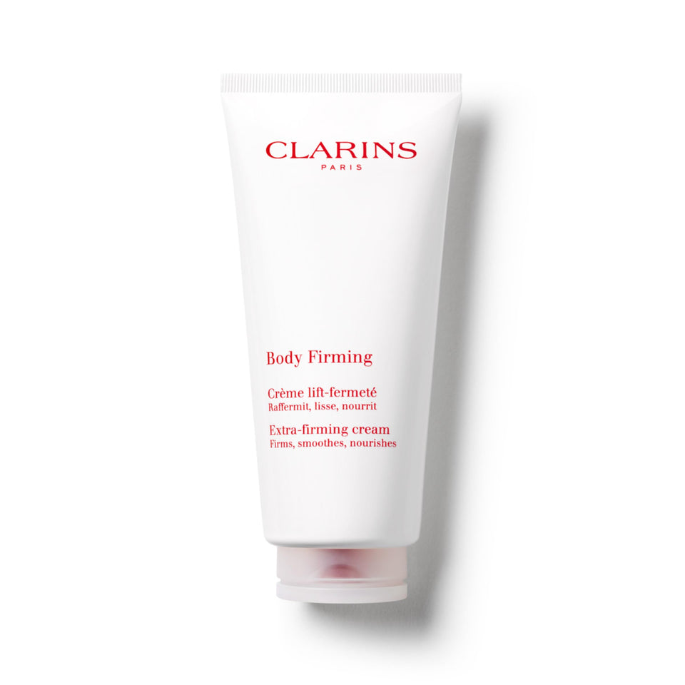 Clarins Extra-Firming Body Cream bottle showing premium packaging and firming potential.