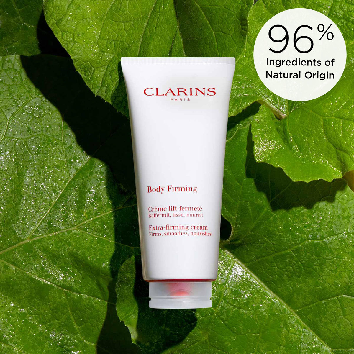 Packaging box highlights a natural-origin formula for Clarins Extra-Firming.