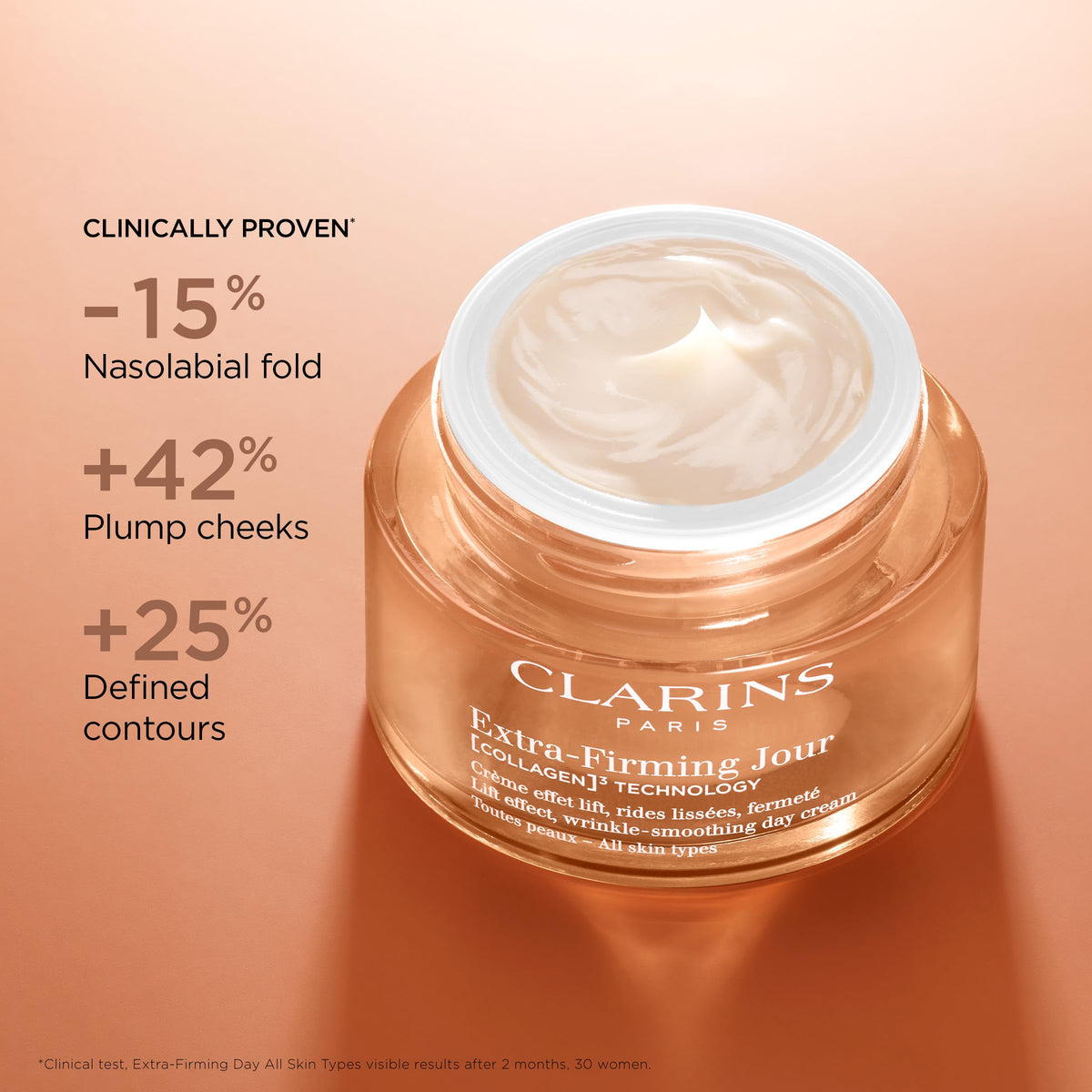 Texture swatch of Clarins Extra-Firming Day Moisturizer showing rich, smooth cream for firming.