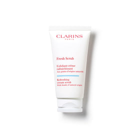 Clarins Fresh Scrub close-up of natural wood cellulose beads for gentle exfoliation.
