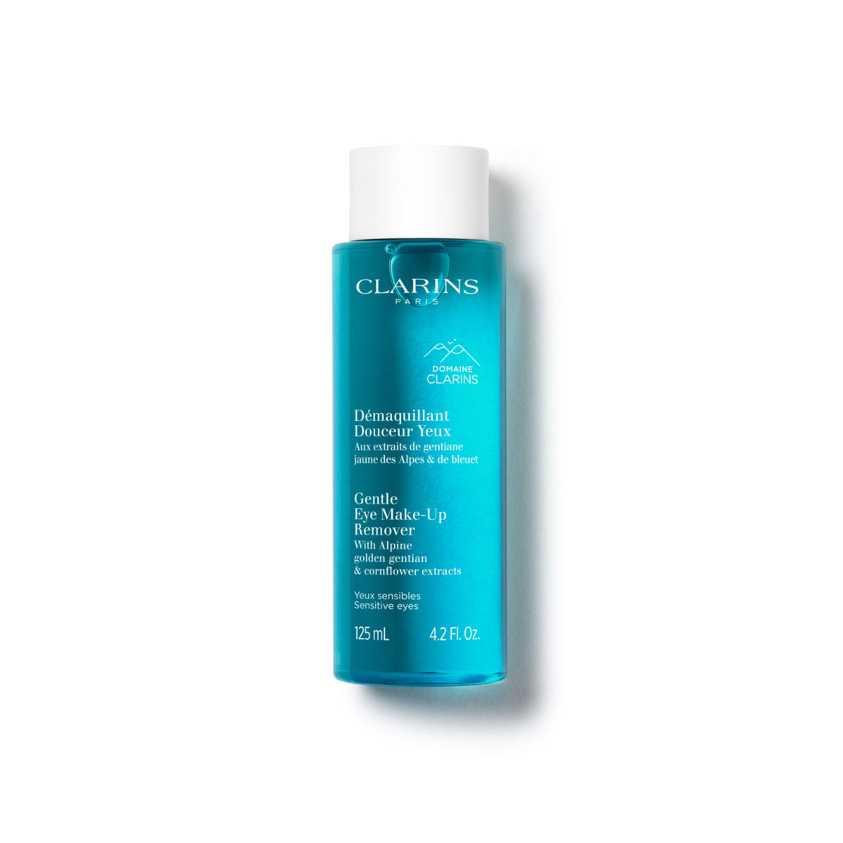 Clarins Gentle Eye Make-Up Remover bottle close-up with a gentle cleansing formula.