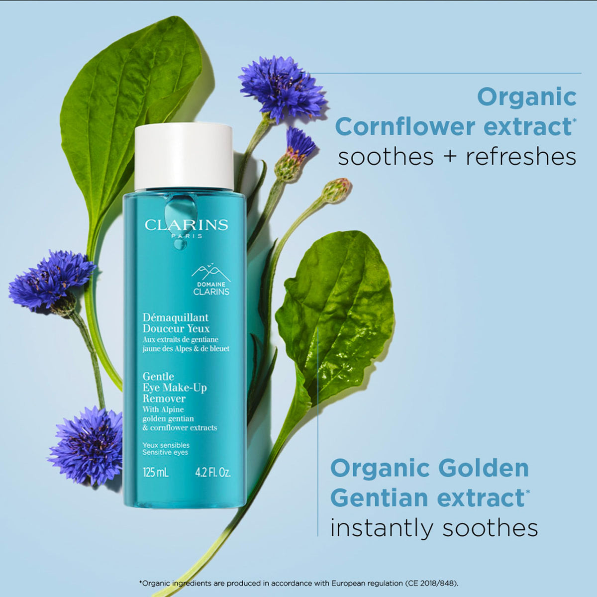 Clarins Gentle Eye Make-Up Remover dissolving makeup around the eyes.
