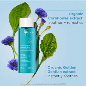Clarins Gentle Eye Make-Up Remover dissolving makeup around the eyes.