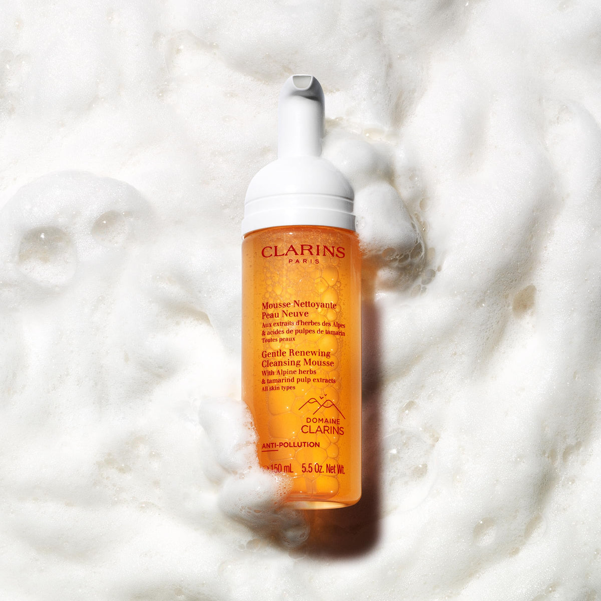 Clarins Gentle Renewing Cleansing Mousse packaging with dermatologist-tested assurance