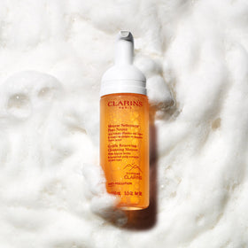 Clarins Gentle Renewing Cleansing Mousse packaging with dermatologist-tested assurance