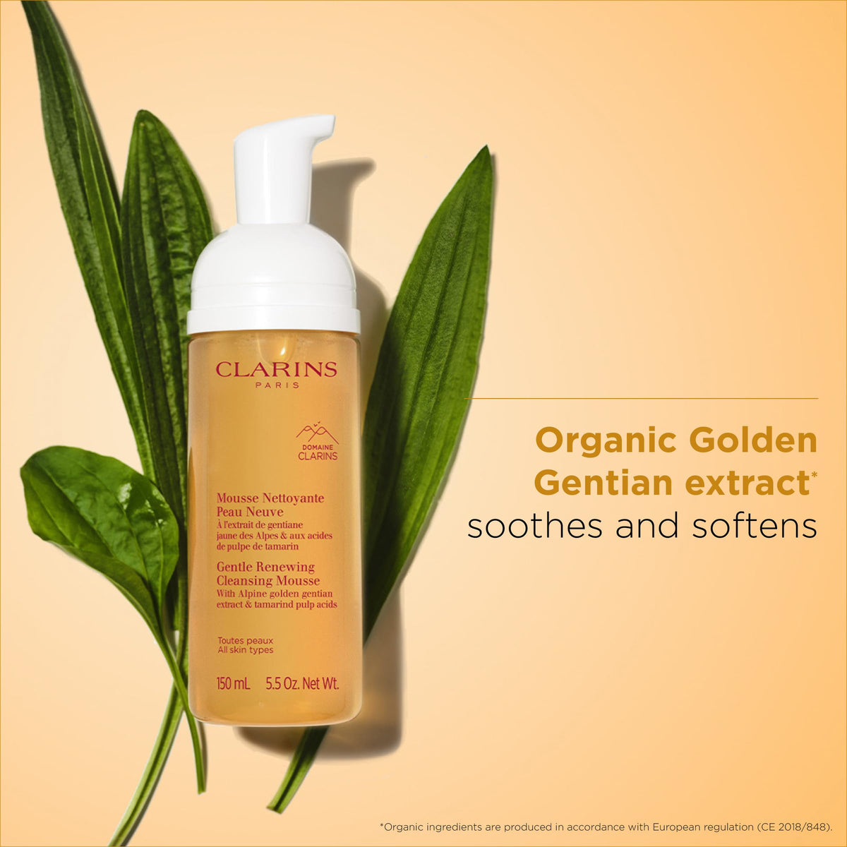 Clarins Gentle Renewing Cleansing Mousse texture close-up showing silky foam