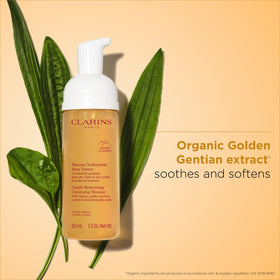 Clarins Gentle Renewing Cleansing Mousse texture close-up showing silky foam