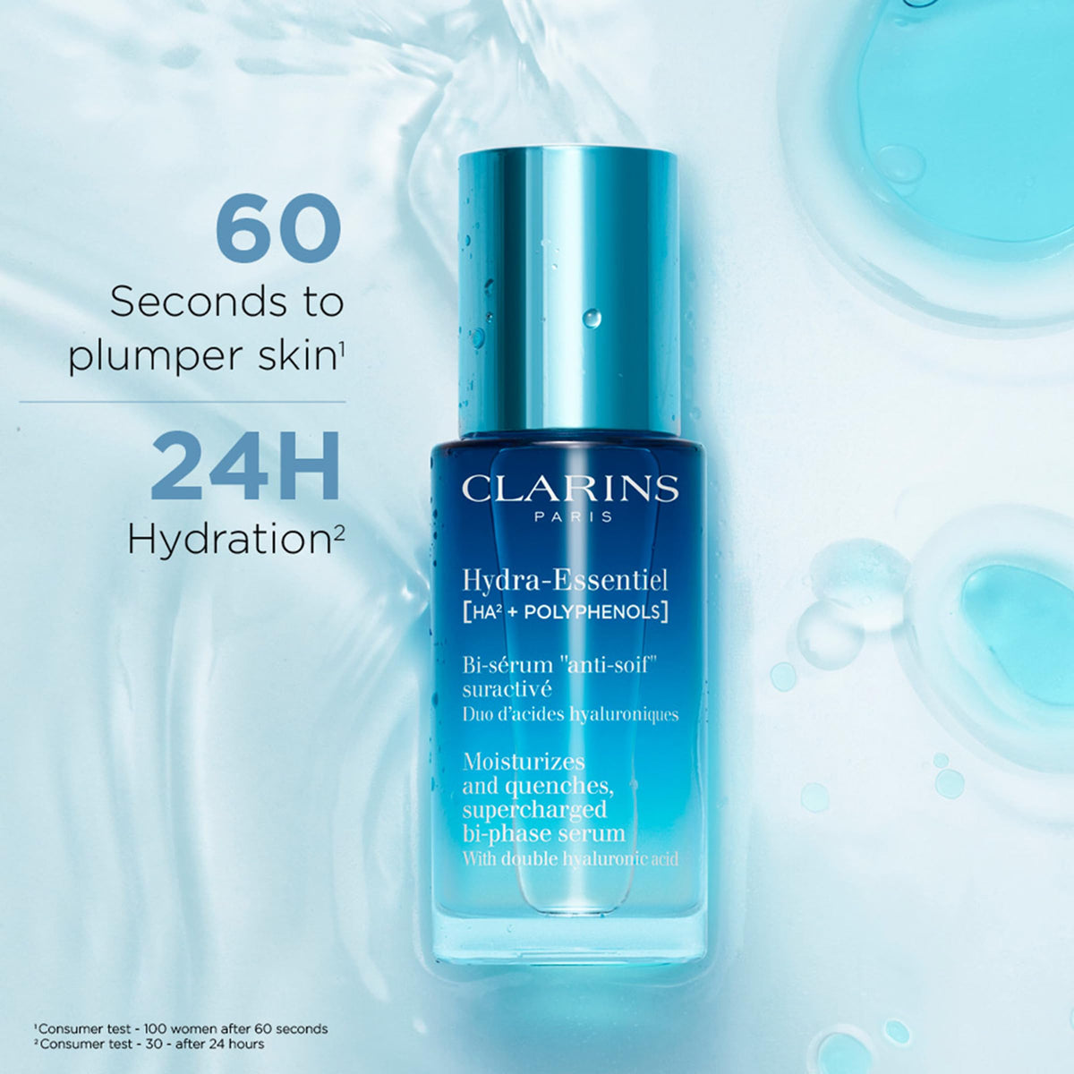 Clarins Hydra-Essentiel bi-phase serum shake action shows two-phase formula