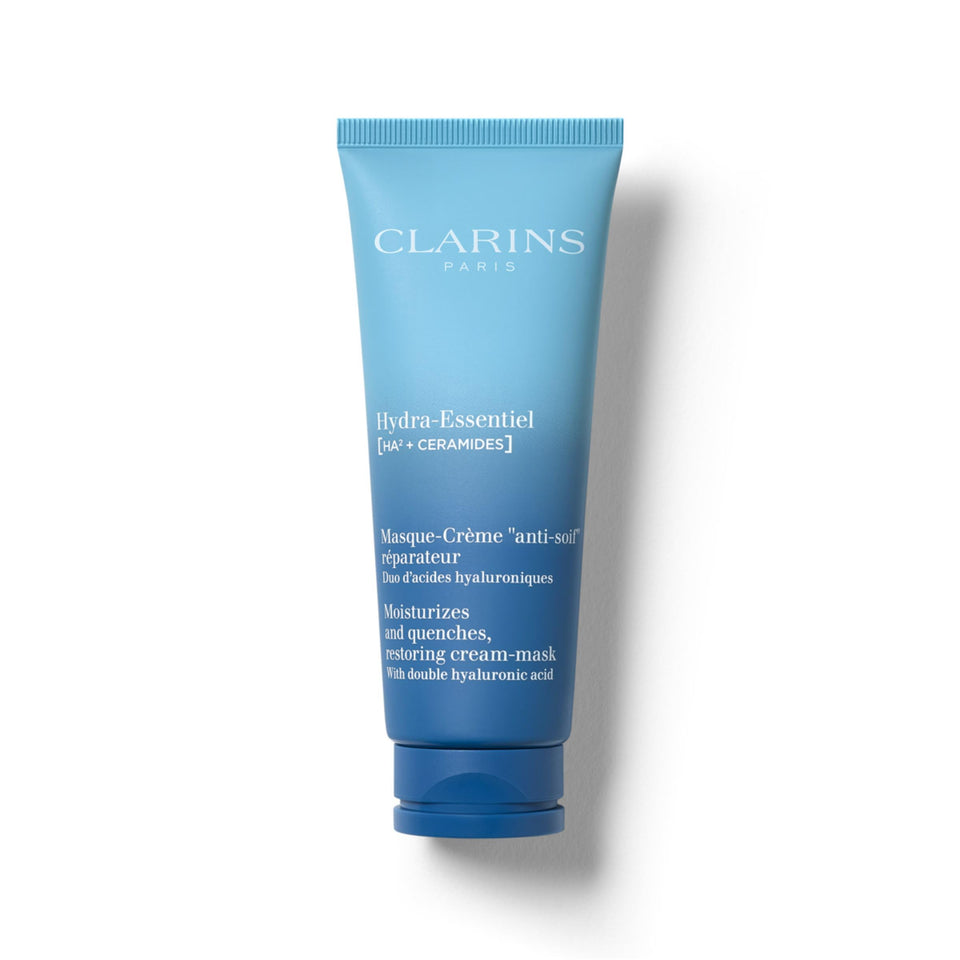 Clarins Hydra-Essentiel mask jar closeup highlighting deep hydration for all skin types