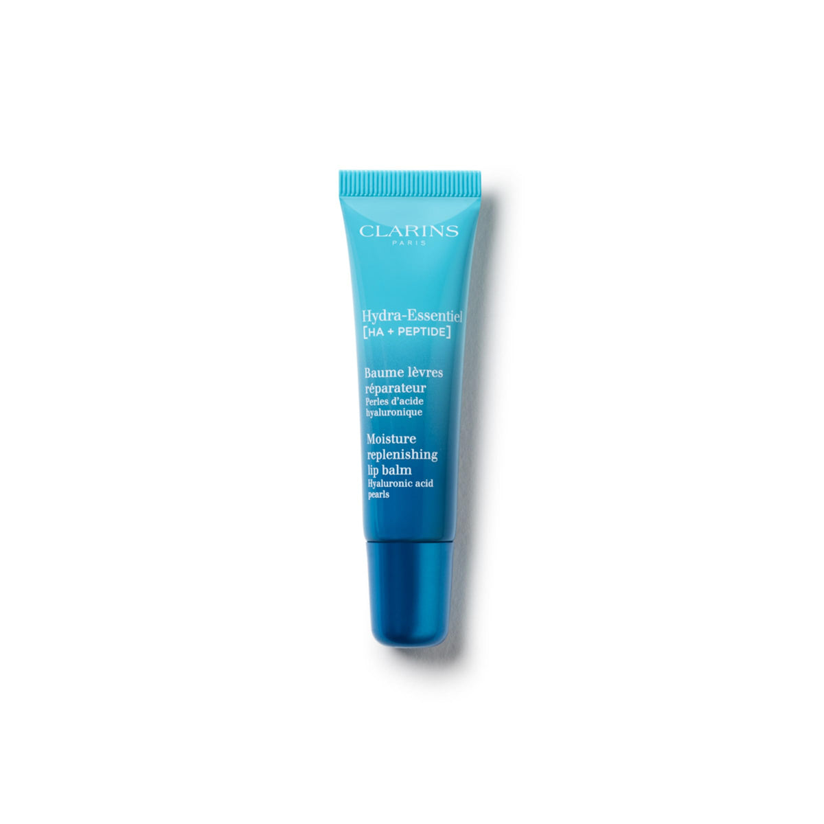 Clarins Hydra-Essentiel Lip Balm on lips for instant hydration and smoothness.