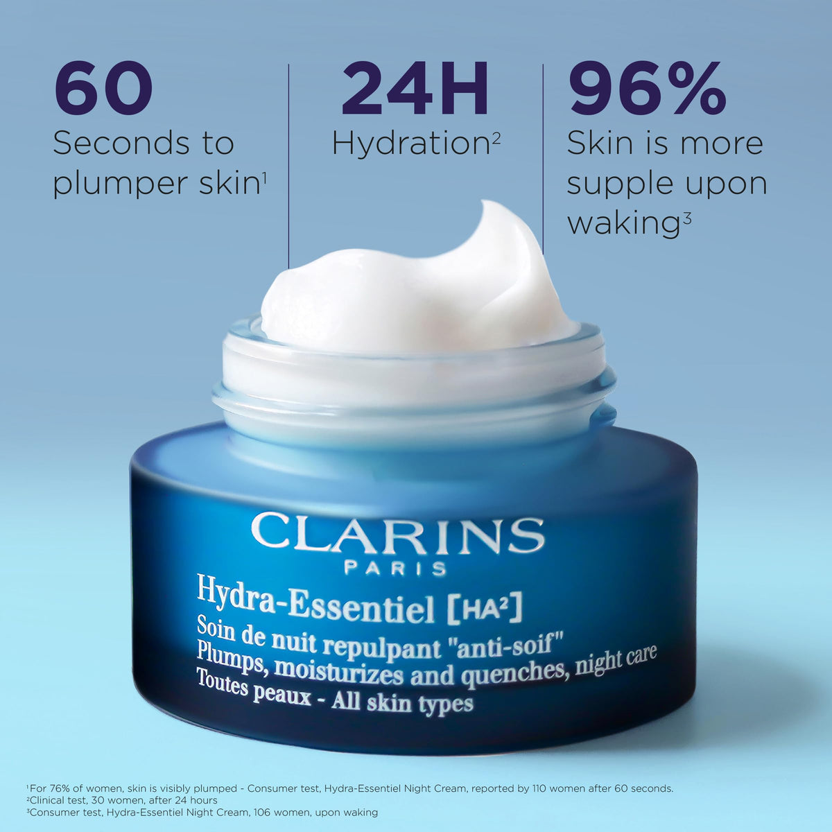 Clarins Hydra-Essentiel night cream tube being spread for overnight hydration