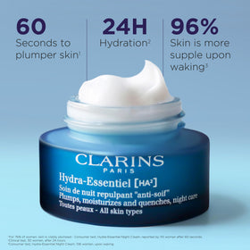 Clarins Hydra-Essentiel night cream tube being spread for overnight hydration