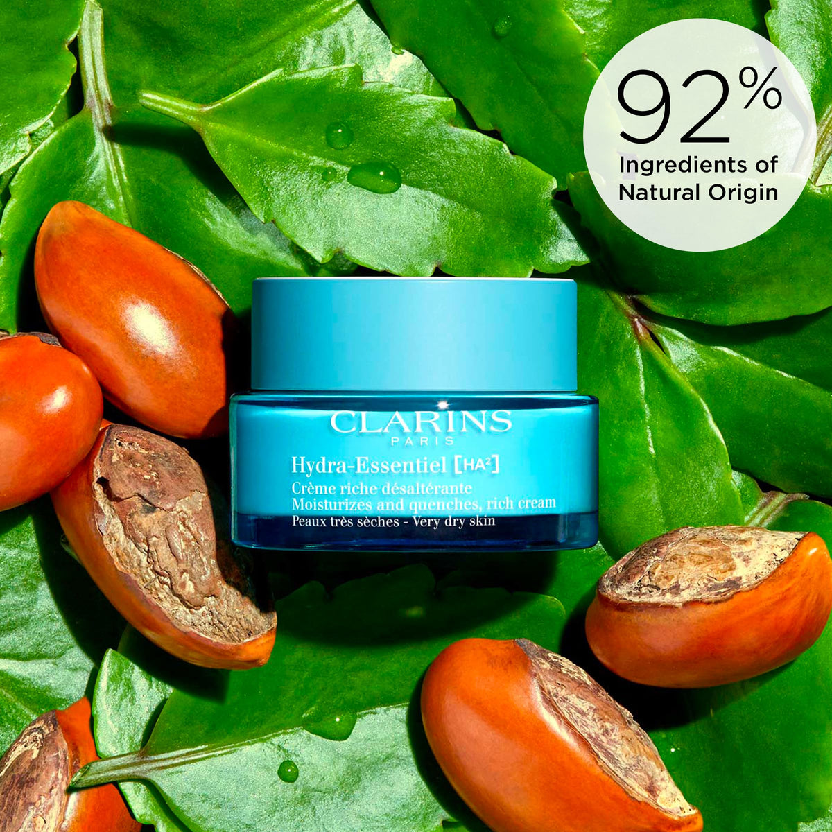 Clarins Hydra-Essentiel Rich Cream hyaluronic acid icon highlights natural origin