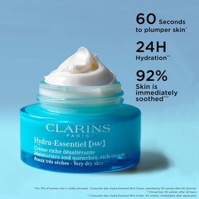 Clarins Hydra-Essentiel Rich Cream jar closeup highlights rich texture and moisture