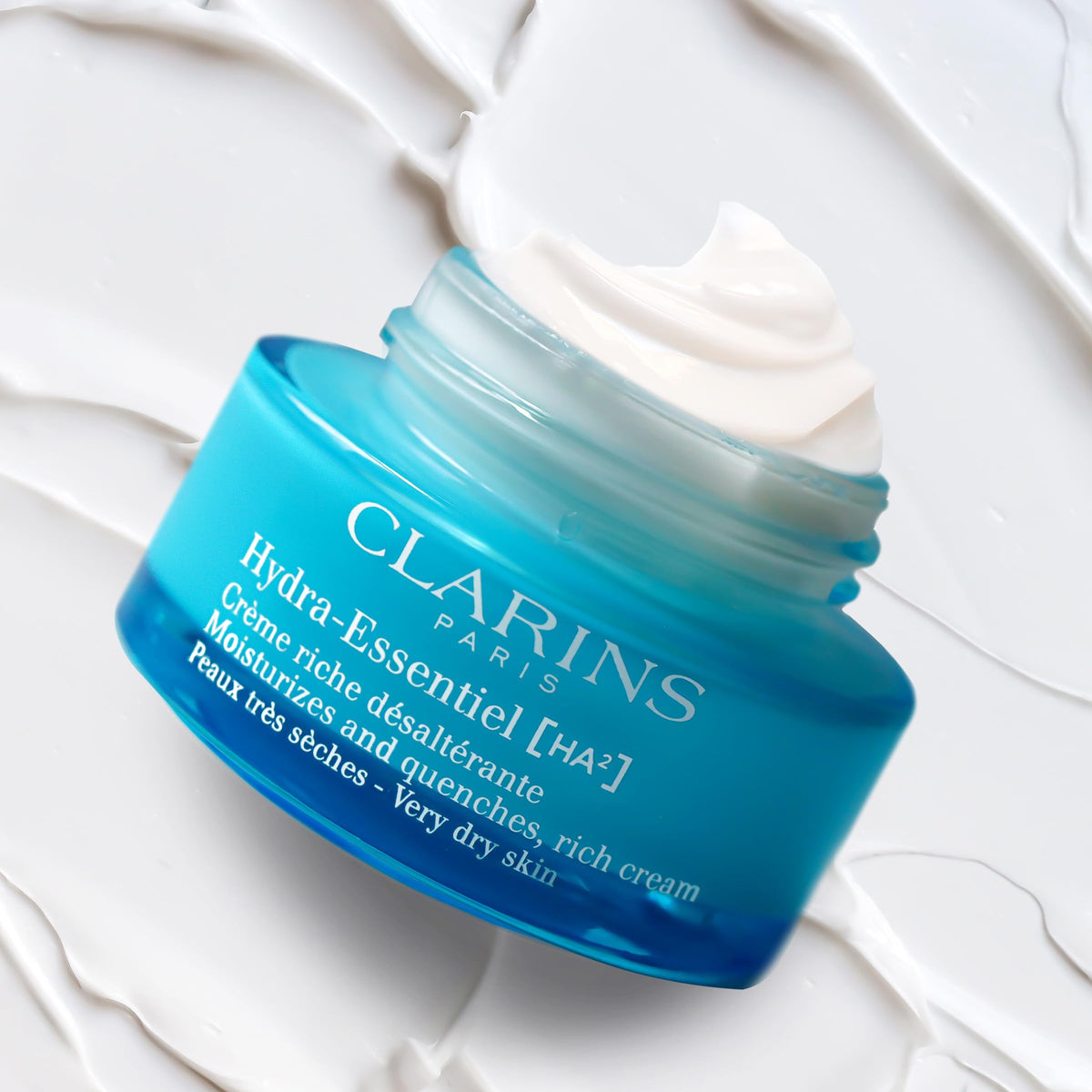 Clarins Hydra-Essentiel Rich Cream packaging closeup highlights branding