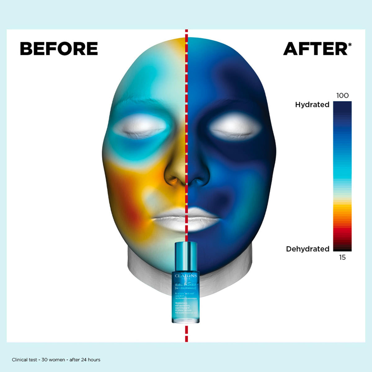 Clarins Hydra-Essentiel serum being applied to face for smoother, hydrated skin