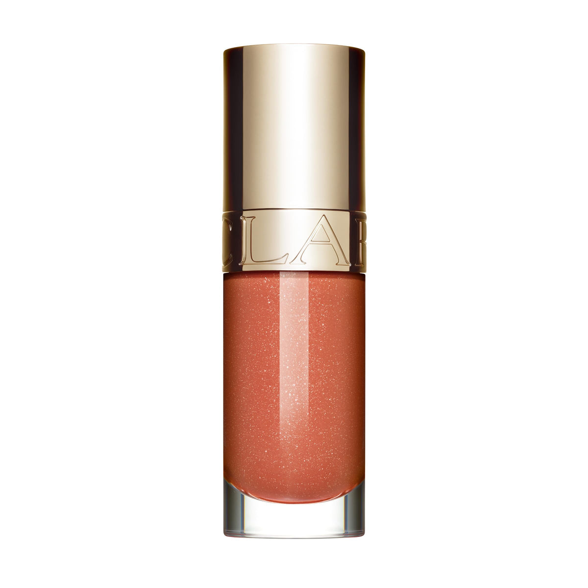 Clarins Lip Comfort Oil bottle close-up delivering glossy shine and hydration.