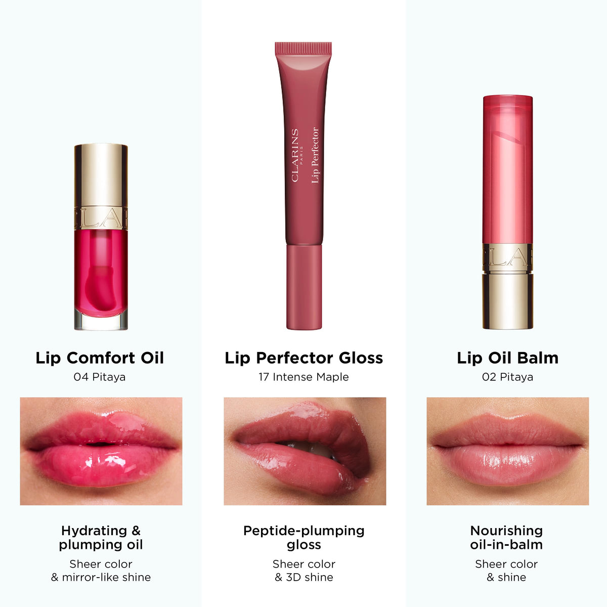 Clarins lip gloss closeup showing smooth shine.