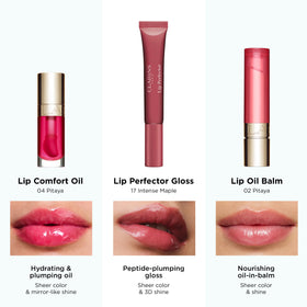 Clarins lip gloss closeup showing smooth shine.