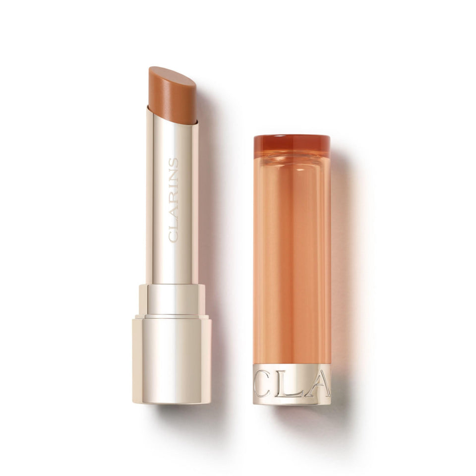 Clarins Lip Oil Balm texture swatch showing a glossy nourishing finish on lips