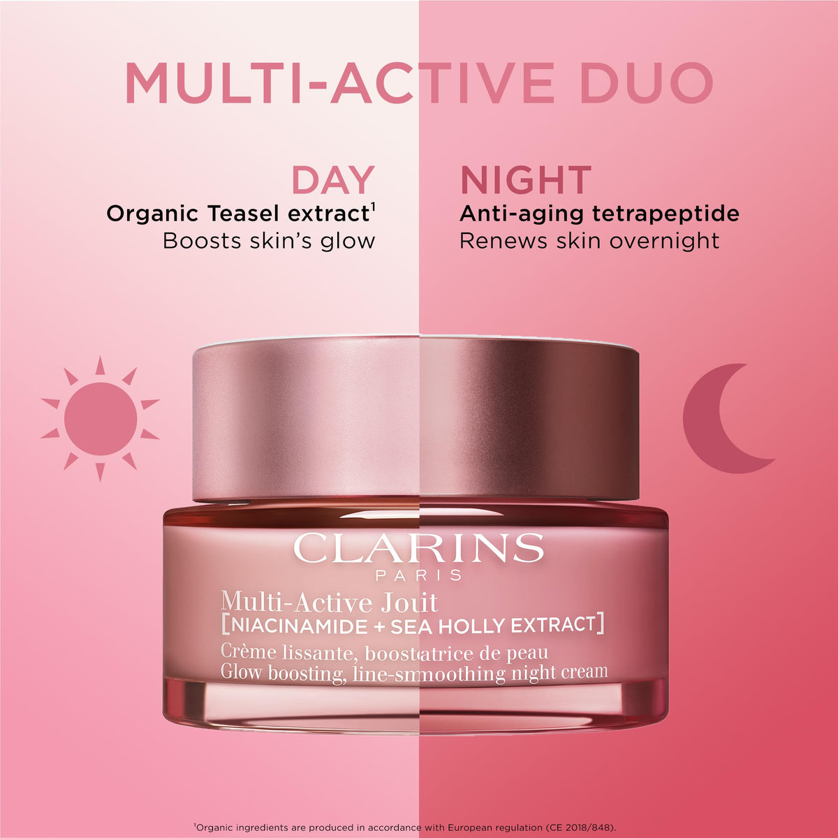 Clarins Morning application technique showing gentle press-and-release massage.