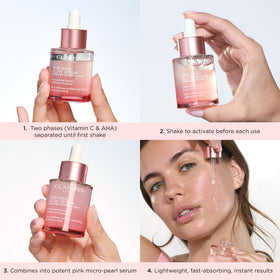 Clarins Multi-Active Glow Serum with AHA detail underscores gentle exfoliation for refined texture