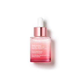 Clarins Multi-Active Brightening Glow Serum bottle on white surface boosts radiance