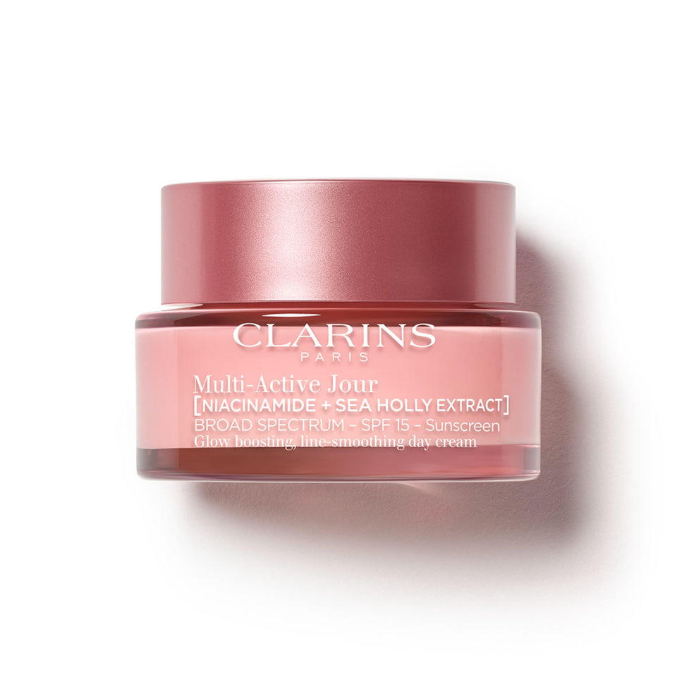 Clarins Multi-Active Day Cream SPF 15 jar front, highlighting premium packaging and accessible texture.