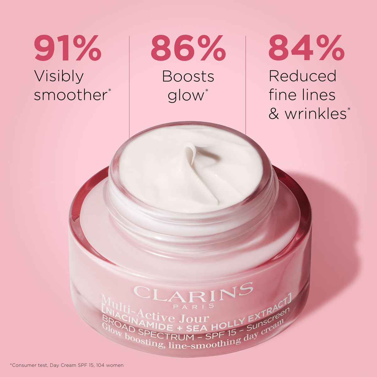 Clarins Multi-Active Day Cream SPF 15 label closeup showing SPF and niacinamide details.