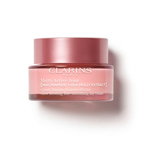 Clarins Multi-Active Day Moisturizer bottle close-up showing lightweight hydration for dry skin.
