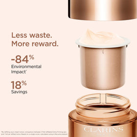 Clarins night routine application on face and neck demonstrates gentle press-and-release technique.