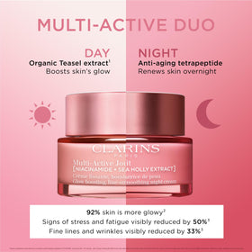 Clarins night routine setup with Multi-Active beside soft lighting