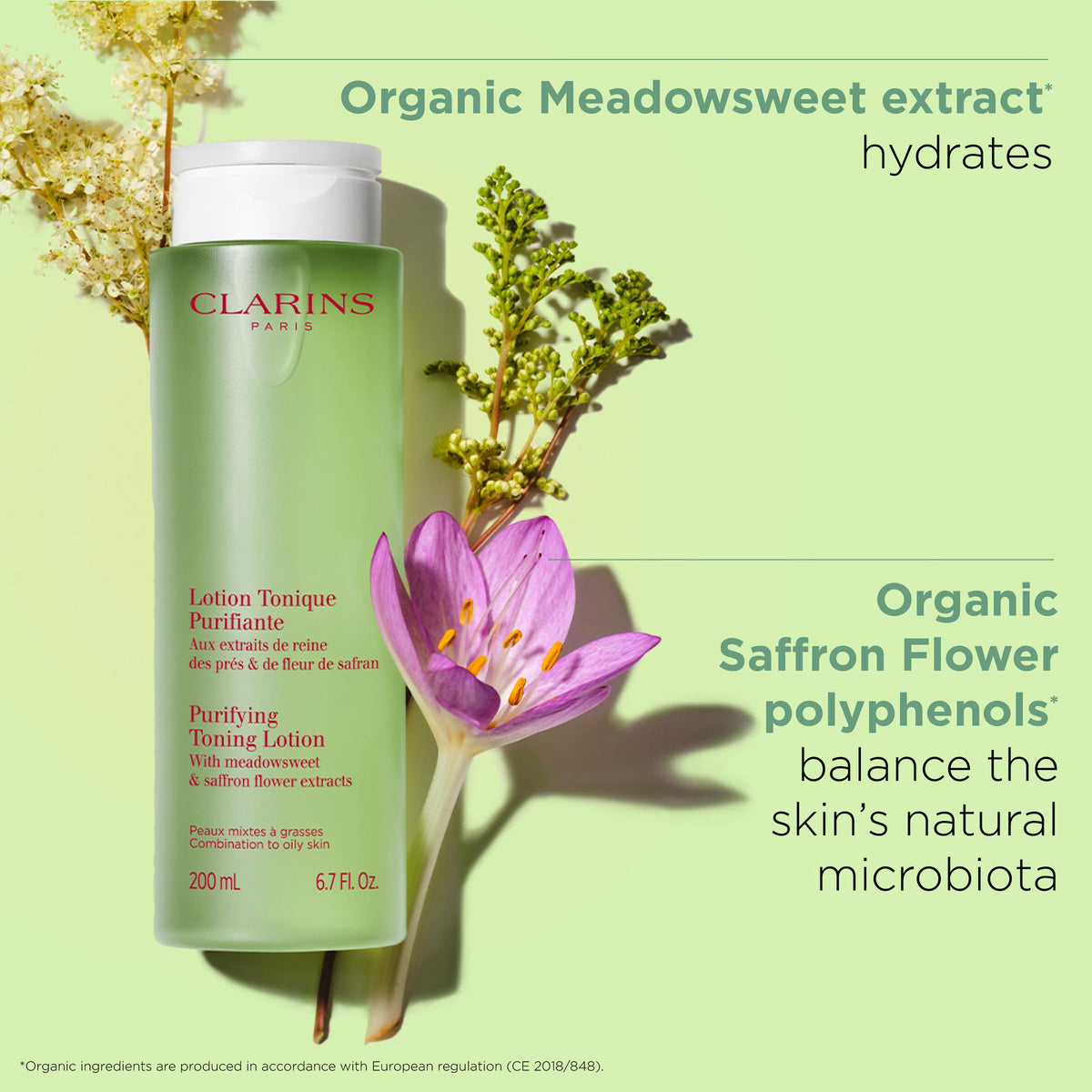 Clarins Purifying Toning Lotion on skin delivers shine-free, refreshed complexion.