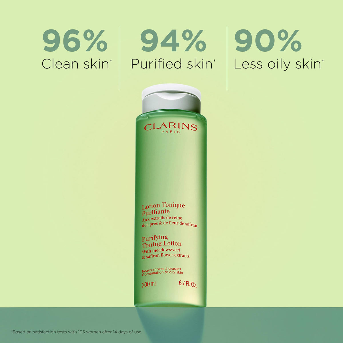 Clarins Purifying Toning Lotion poured on cotton pad for fresh oil control.