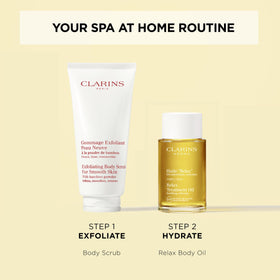 Clarins Relax Body Treatment Oil label close-up on premium packaging