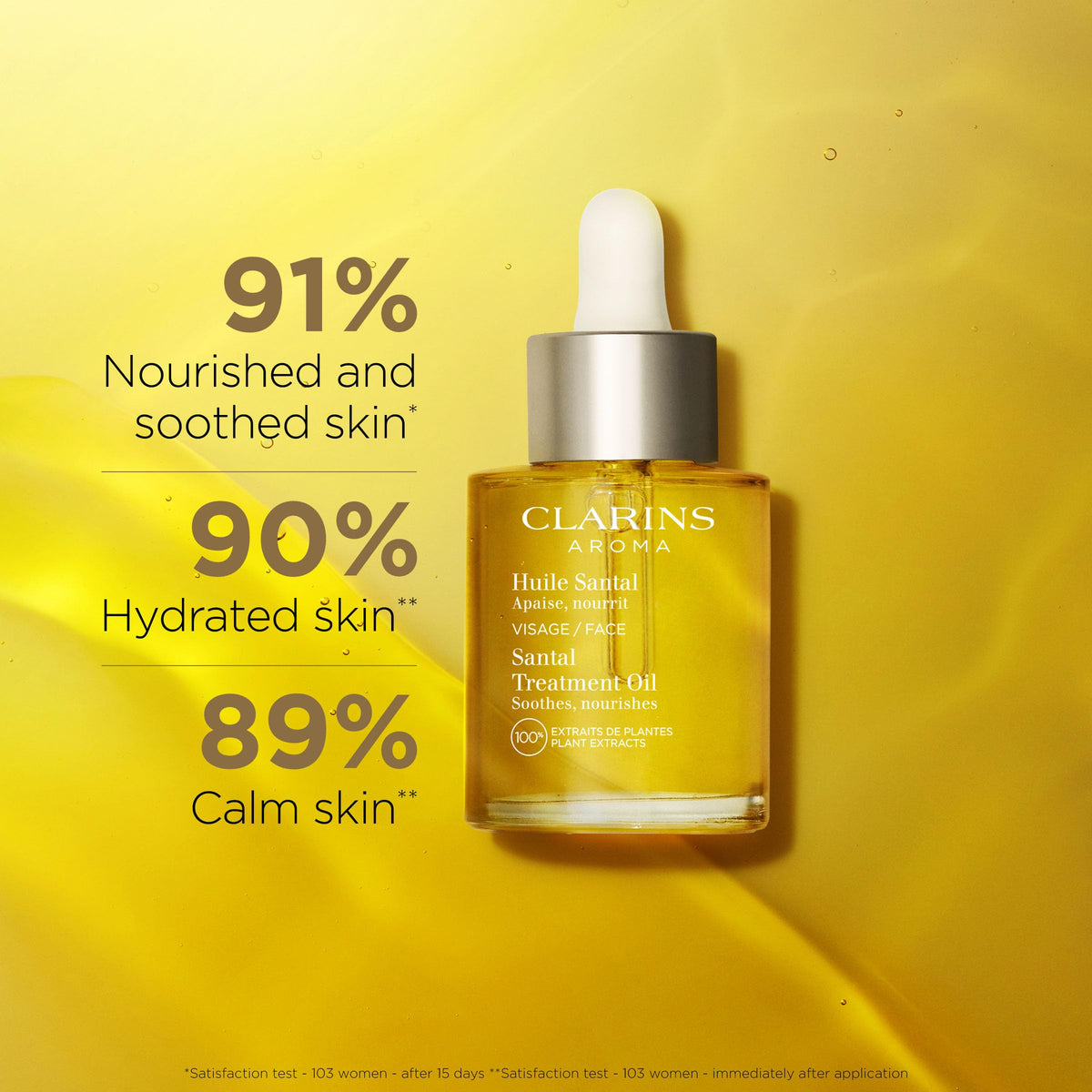 Clarins Santal Face Oil dropper releasing calming nourishment on the skin.